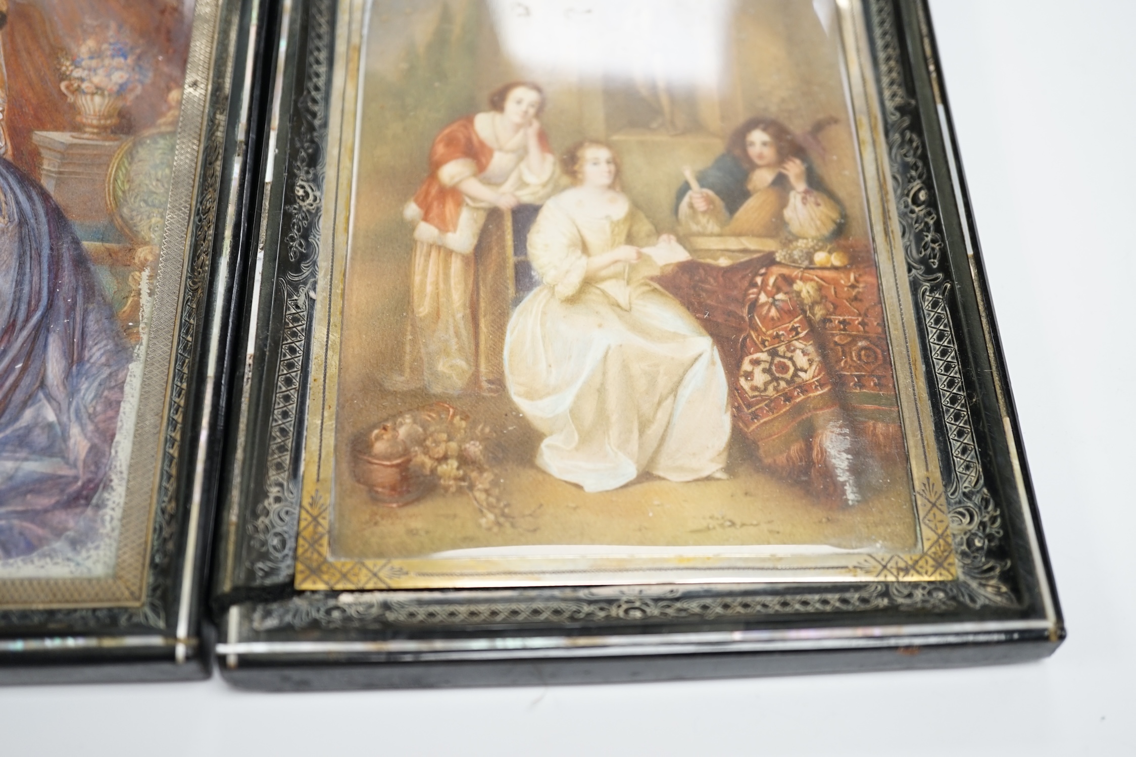 A pair of mid 19th century watercolour miniatures on ivory, Queen Victoria and three figures wearing 17th century dress, housed in inlaid and ebonised frames, 13 x 9cm CITES Submission reference 644V5FRS
